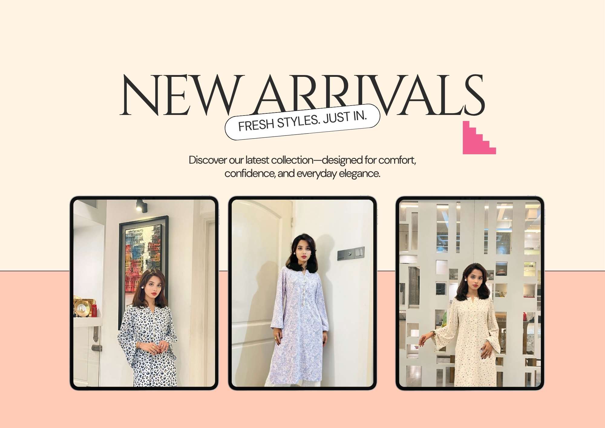 Peach and White Minimalist Fashion New Arrivals Facebook Ad (11.69 x 8.27 in)